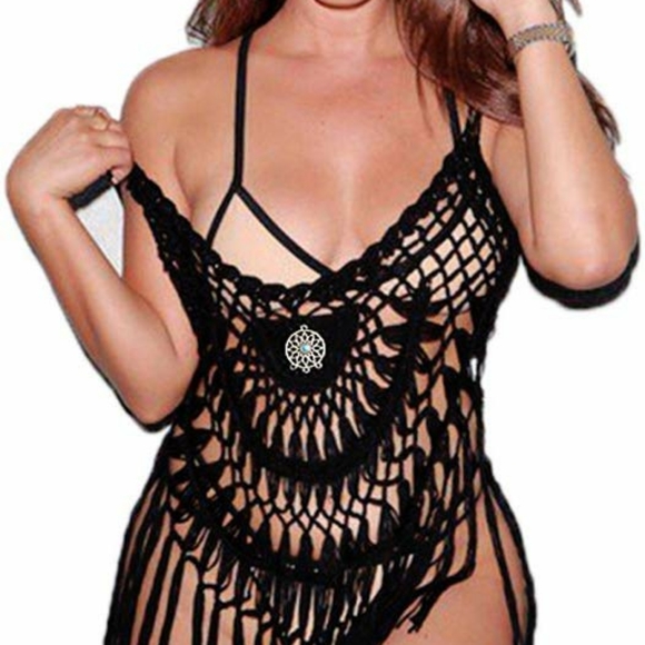 NWT 🆕 CROCHET Lace BOHO Black Beach Cover up O/S - Picture 3 of 7